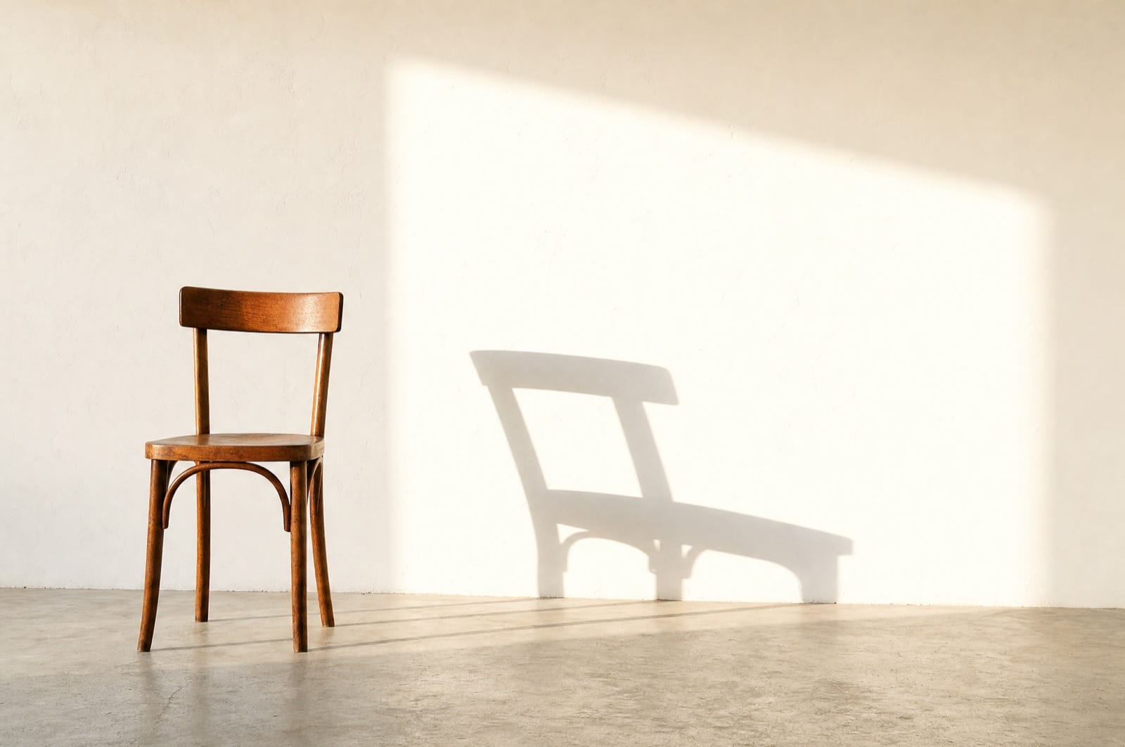 Leerer Holzstuhl an einer hellen Wand mit langem Schlagschatten