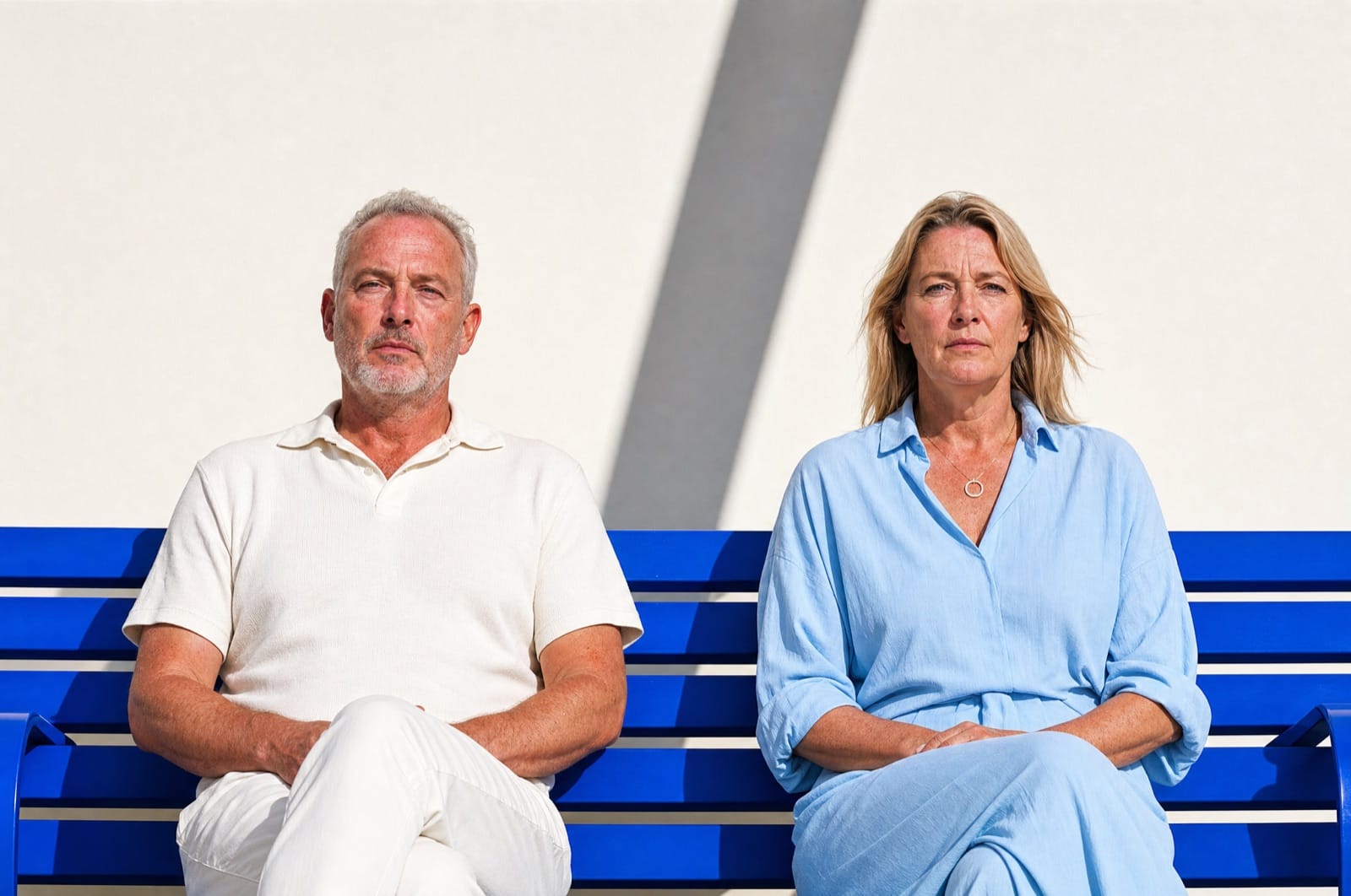 Ehepaar auf einer blauen Bank, ein harter Schatten fällt genau zwischen die beiden