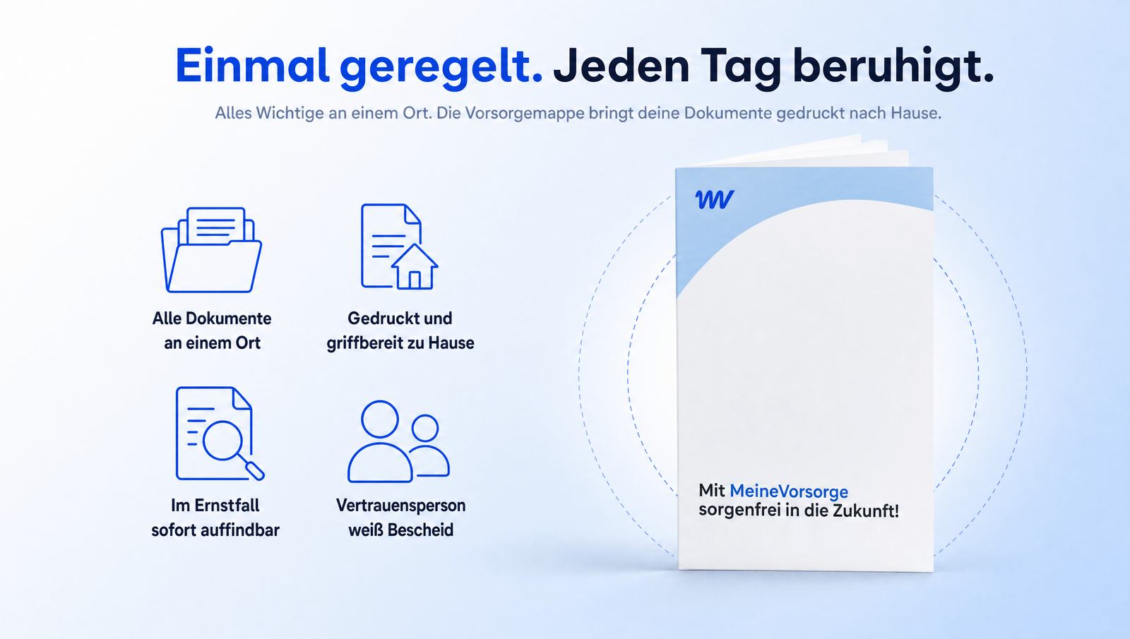 Einmal geregelt, jeden Tag beruhigt: Die Vorsorgemappe bündelt alle Dokumente an einem Ort, gedruckt und griffbereit zu Hause, im Ernstfall sofort auffindbar, die Vertrauensperson weiß Bescheid