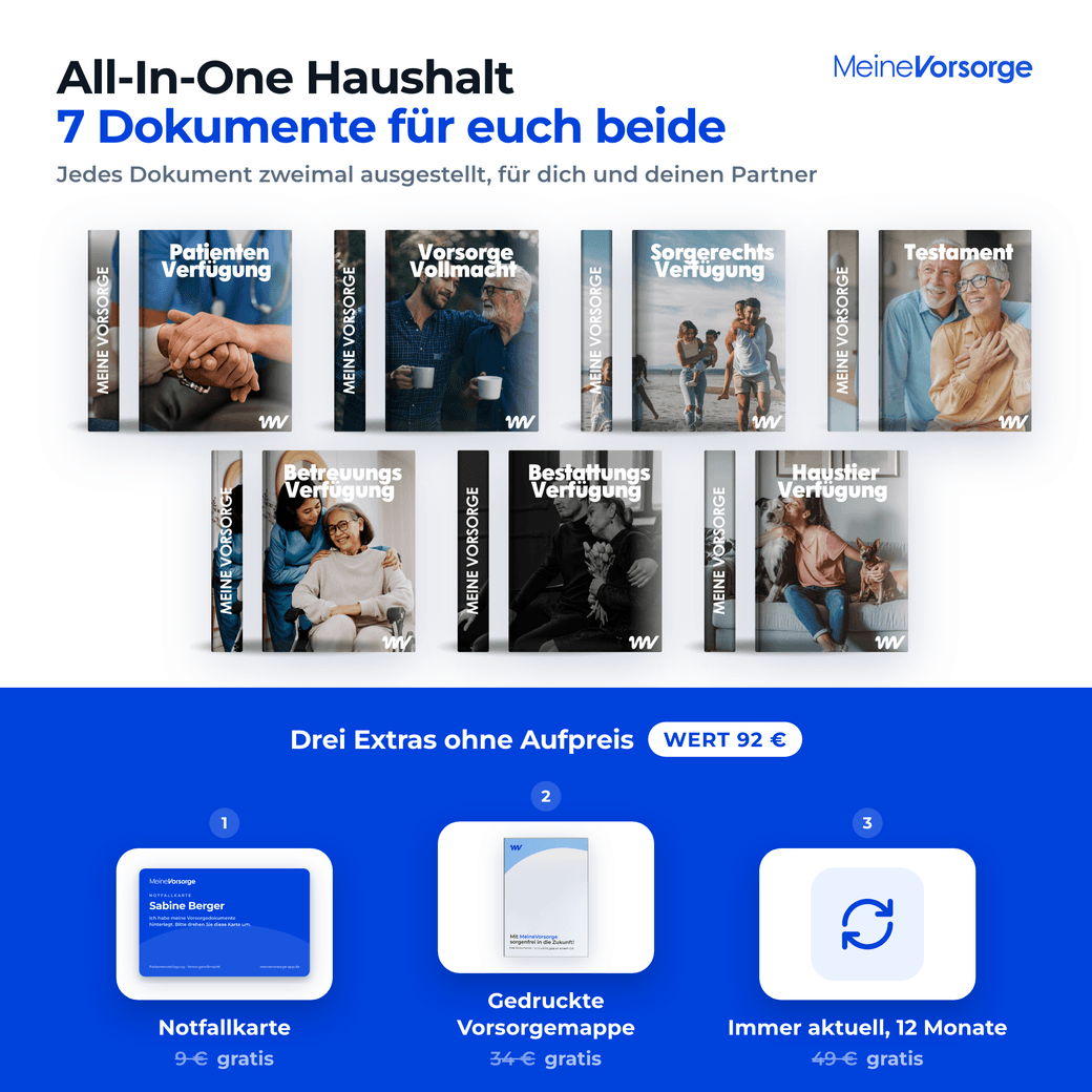 All-In-One Haushalt: sieben Vorsorgedokumente für euch beide, dazu drei Extras ohne Aufpreis im Wert von 92 Euro, Notfallkarte, gedruckte Vorsorgemappe und Immer aktuell für 12 Monate