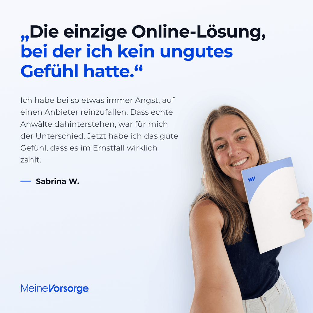Kundenstimme von Sabrina W.: Die einzige Online-Lösung, bei der ich kein ungutes Gefühl hatte. Dass echte Anwälte dahinterstehen, war für mich der Unterschied.